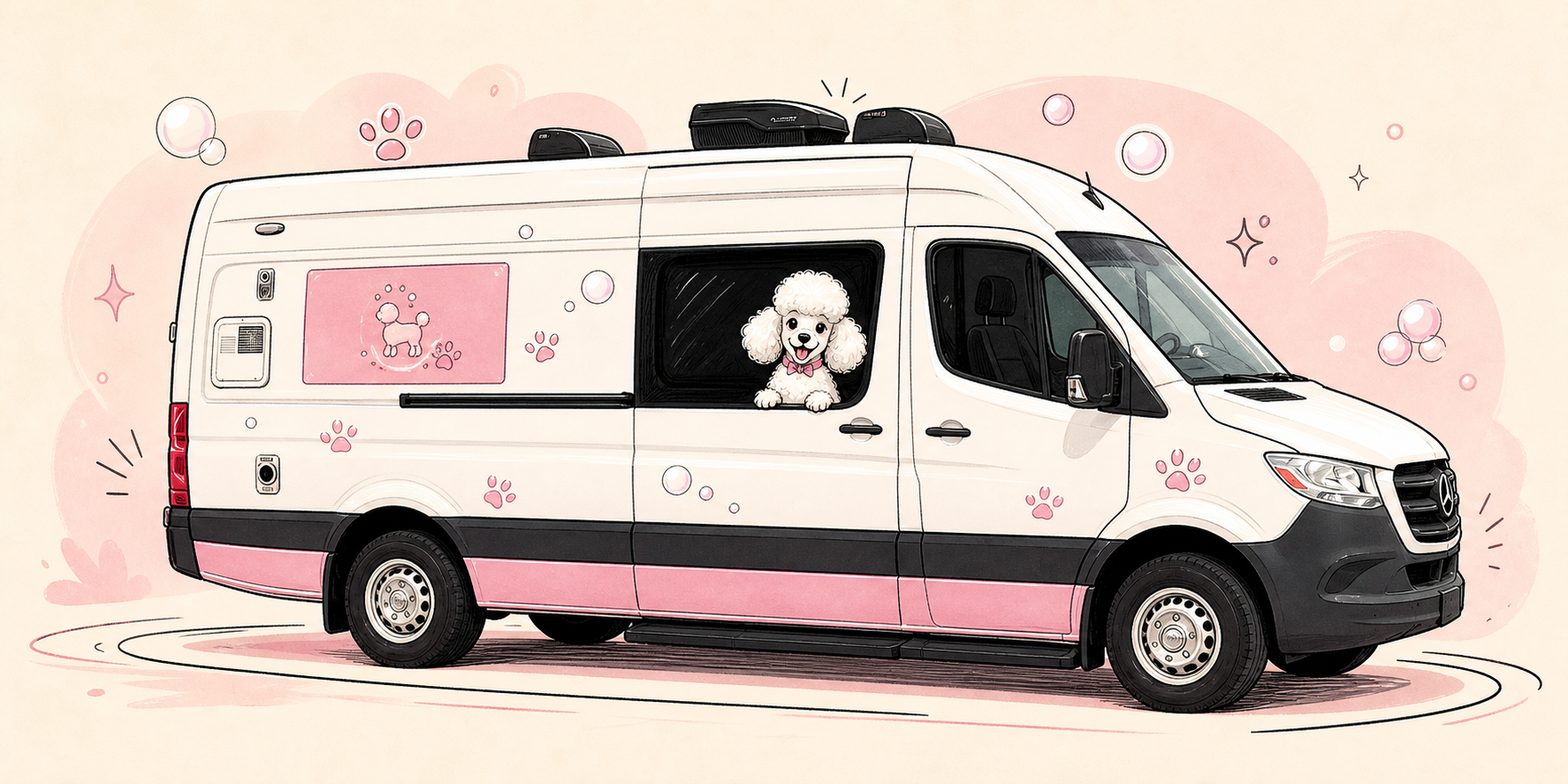 Doodle illustration of the Tails and Spa mobile dog grooming van