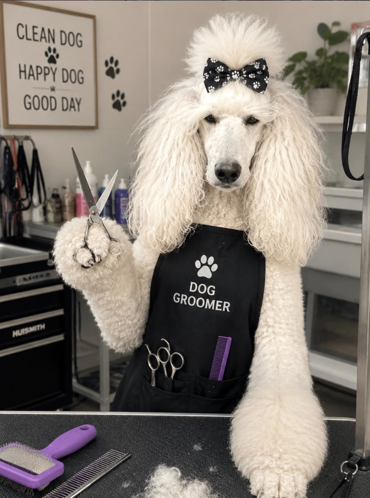 White poodle dressed as a groomer with grooming tools